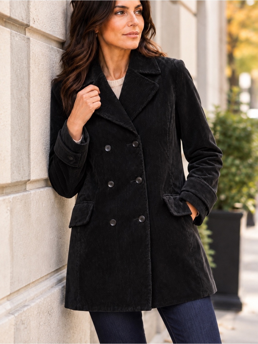 H&M Black Corduroy Peacoat Double Breasted Longline Coat Size 12